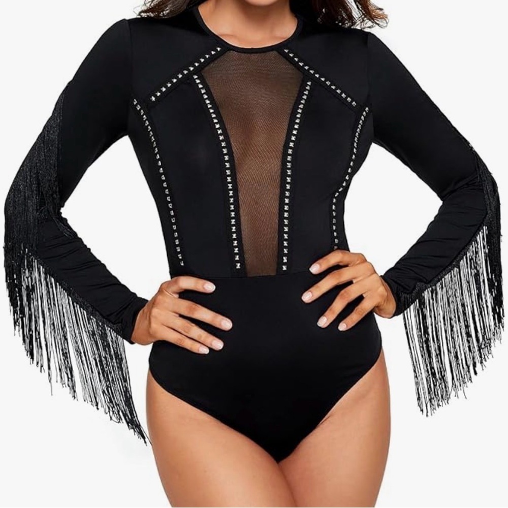 SweatyRocks Round Neck Fringe Long Sleeve Sheer Mesh Cowgirl Bodysuit Small